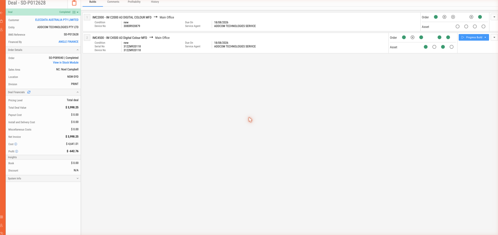 A deal: customer, order and financials on the left, its builds on the right