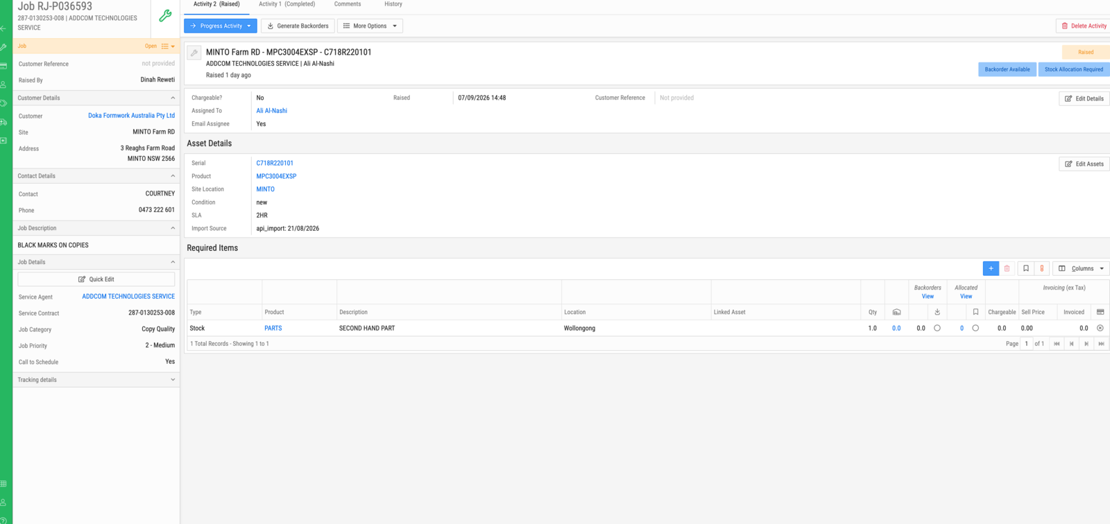 A service job: the summary pane on the left, the current activity and its required items on the right