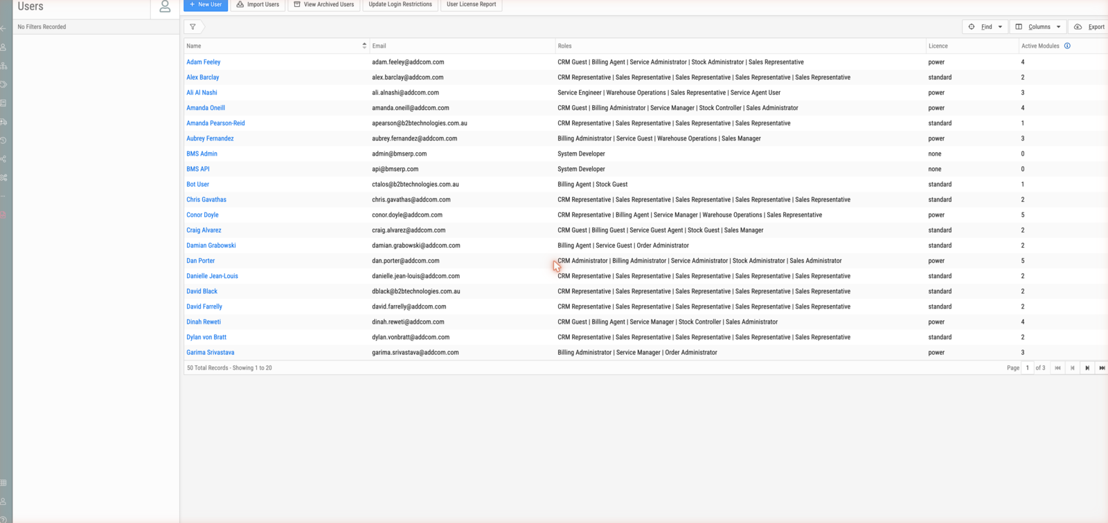 The Users list: roles across every module, licence tier and active module count