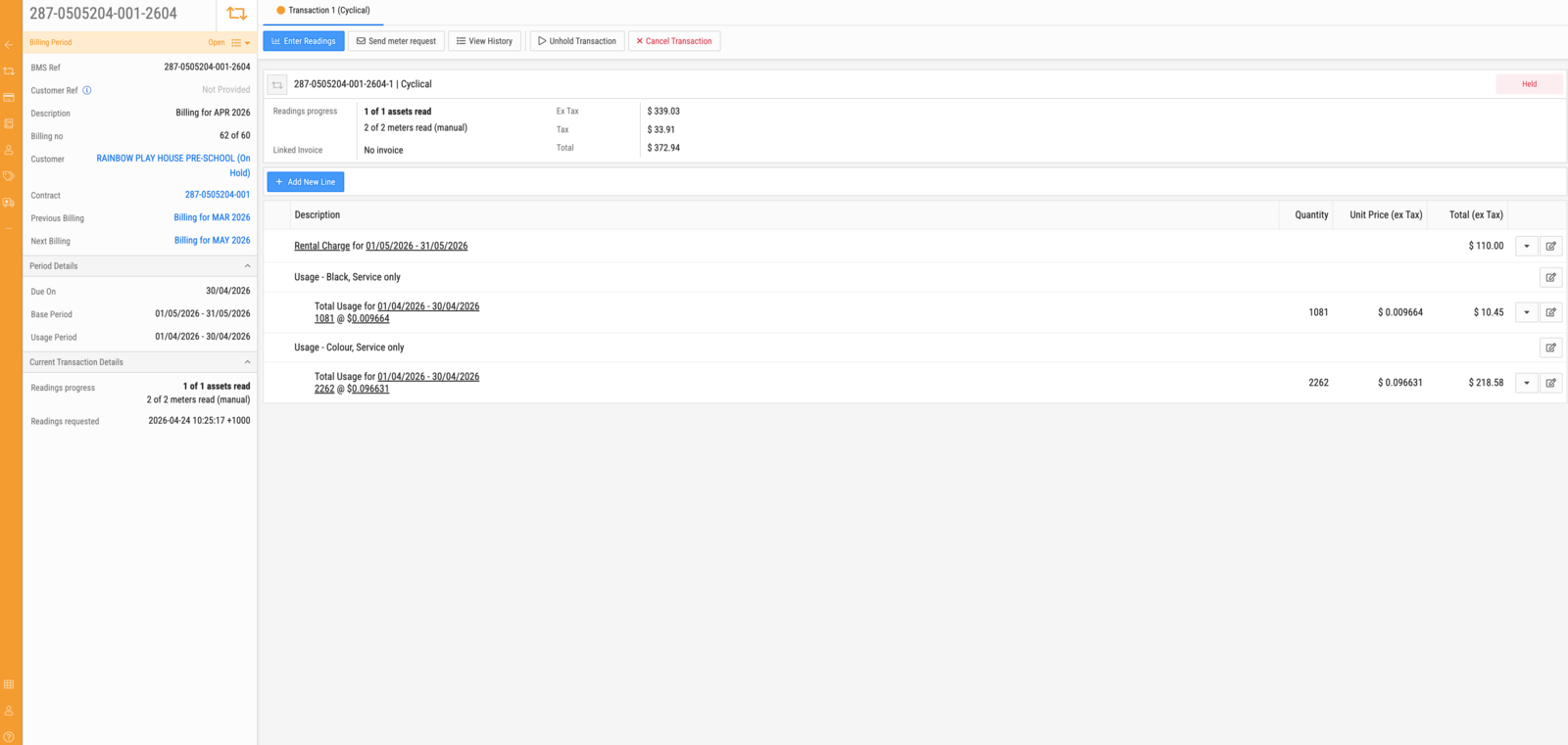 A transaction billing a rental charge for May alongside black and colour usage measured in April