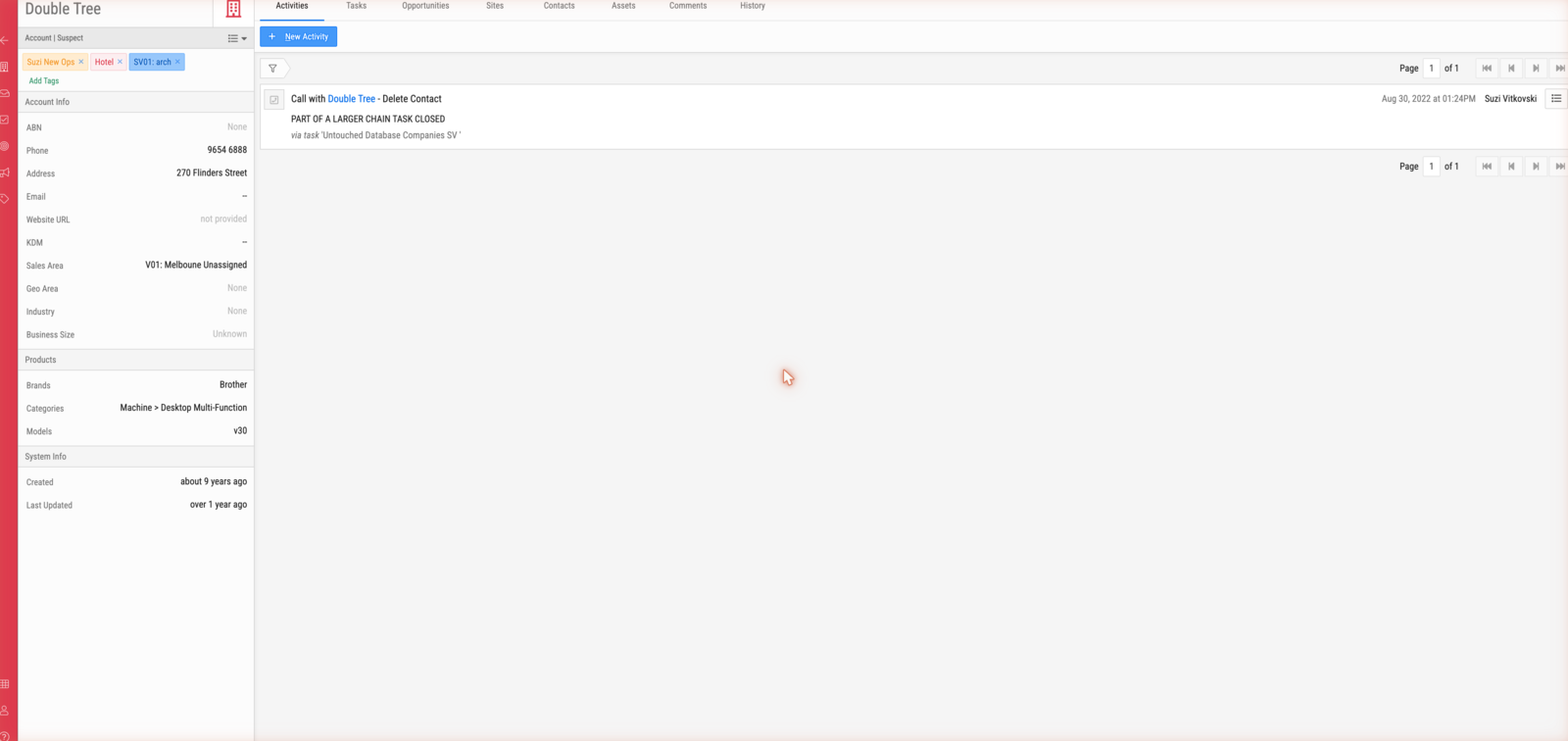 An account: its details, fleet and sales area on the left, its activity history on the right