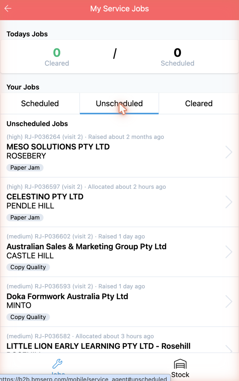 The engineer's job list: today's count, then jobs by scheduled, unscheduled and cleared