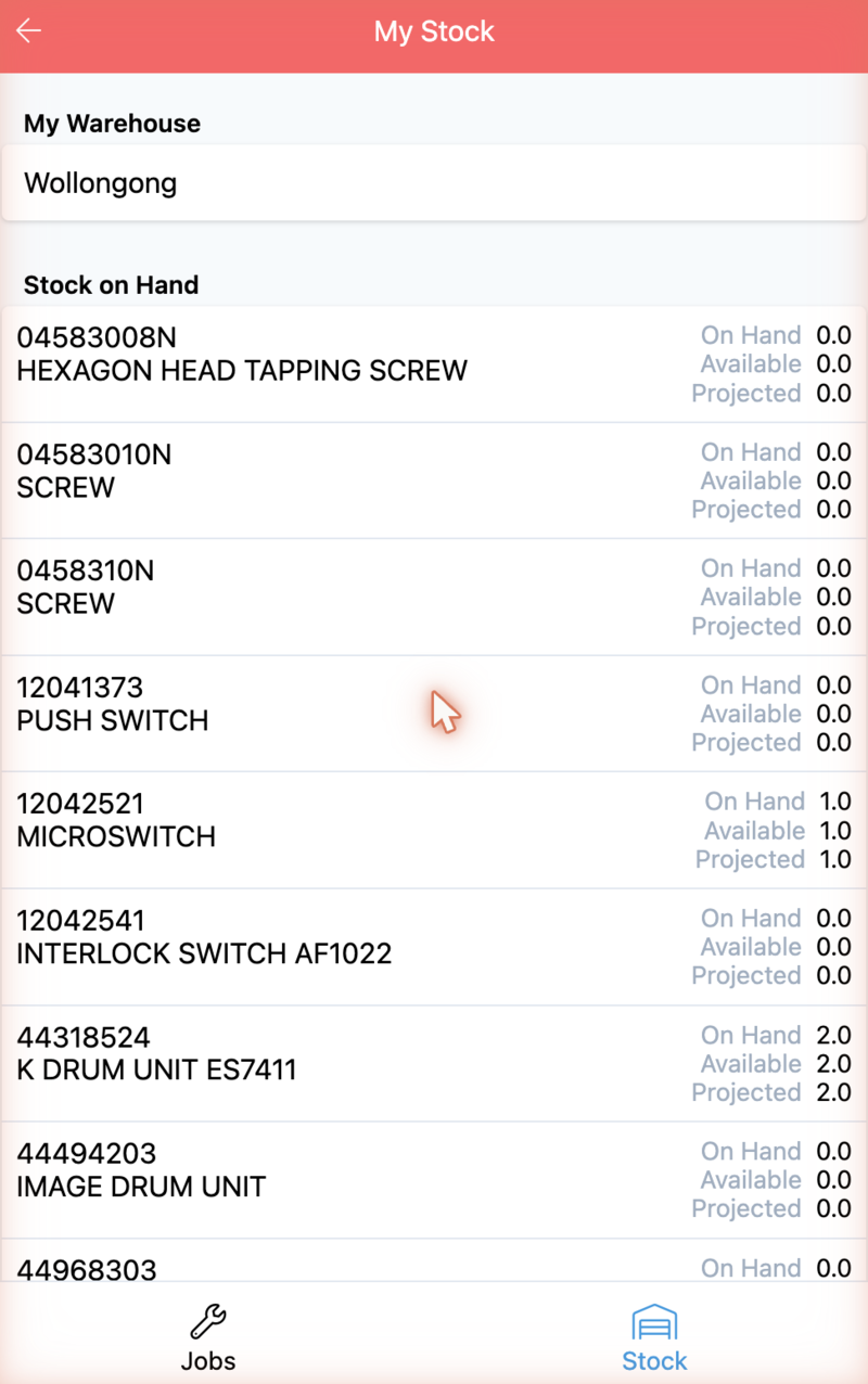 My Stock: the engineer's warehouse, with on hand, available and projected quantities per product