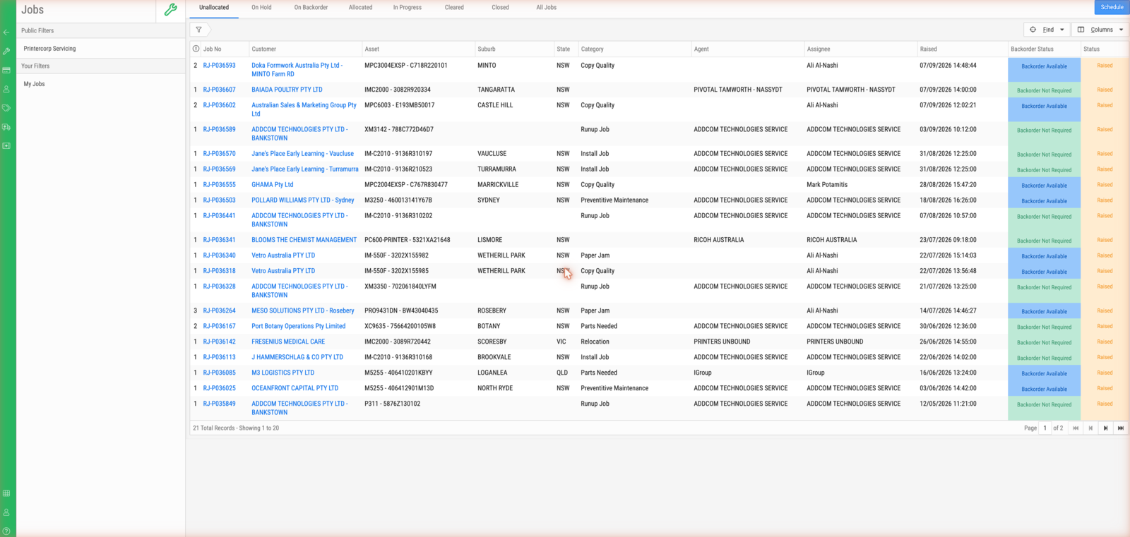The Jobs list on its Unallocated tab, with each job's customer, asset, category, assignee and status