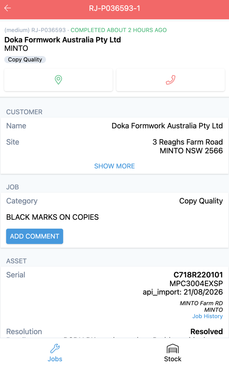 A completed visit: resolution details and used items instead of required ones