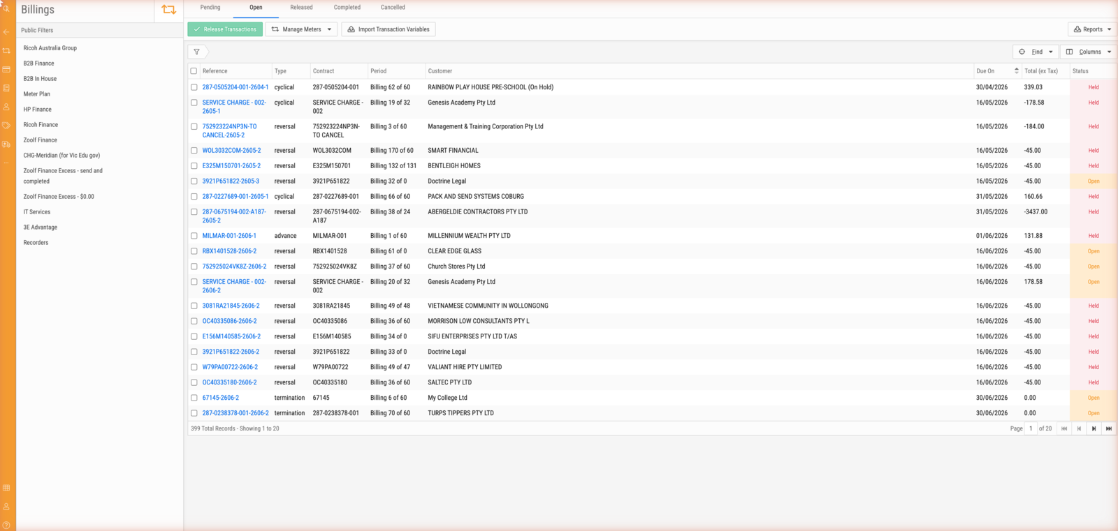 The Billings screen on its Open tab, listing the month's transactions awaiting review