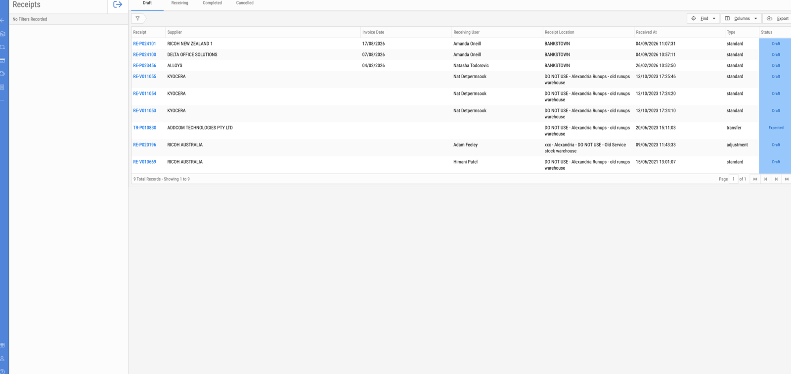 The Receipts list, with supplier, receiving user, location and type