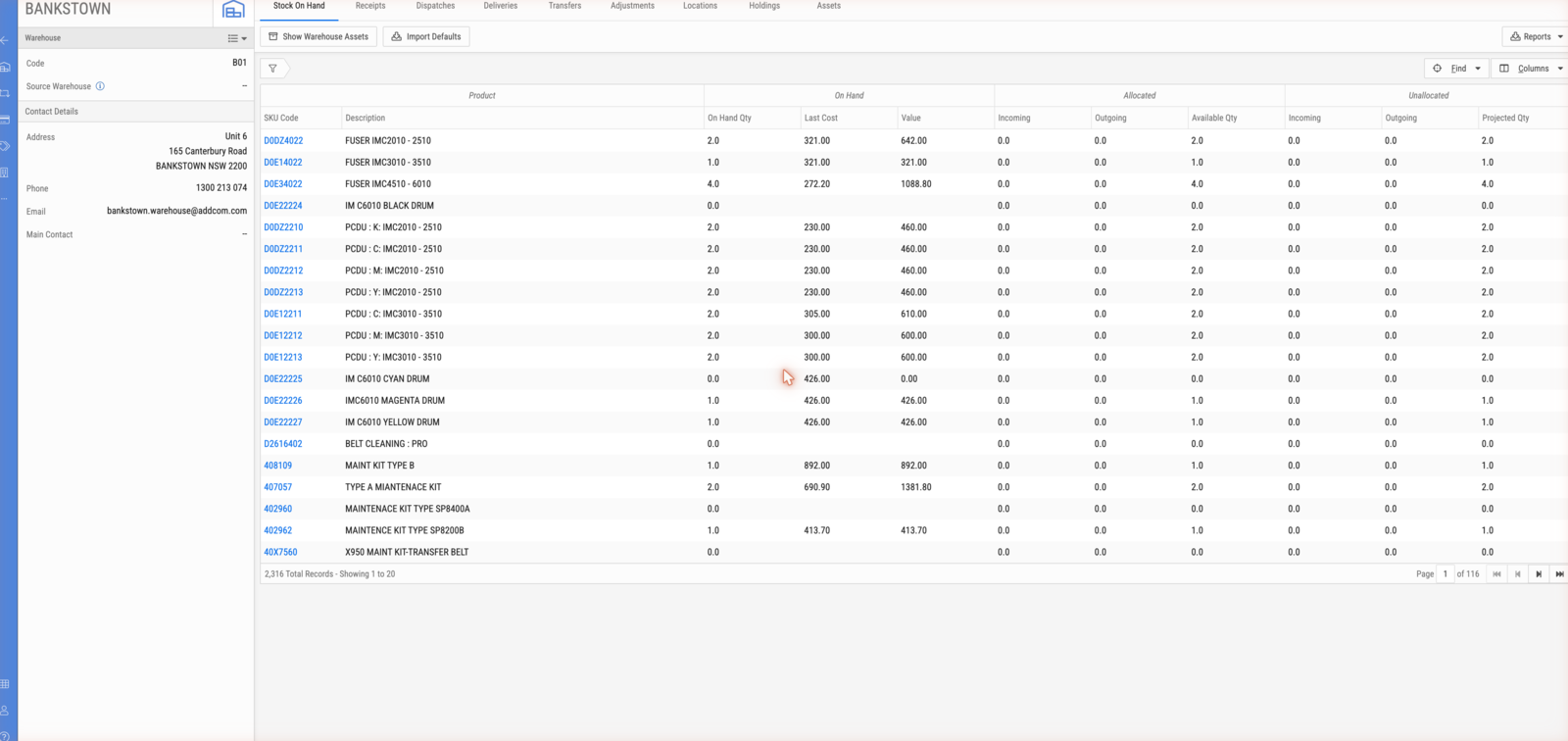 A warehouse's Stock On Hand tab, showing on-hand quantity, value, and the allocated and unallocated views of each product