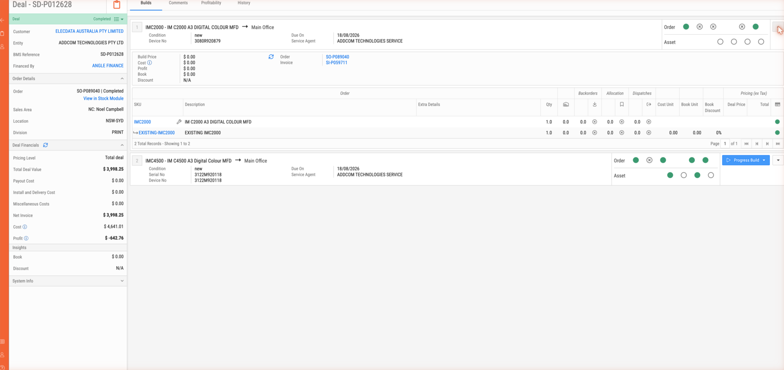 An expanded build: its bill of material, and the Order and Asset progress tracks