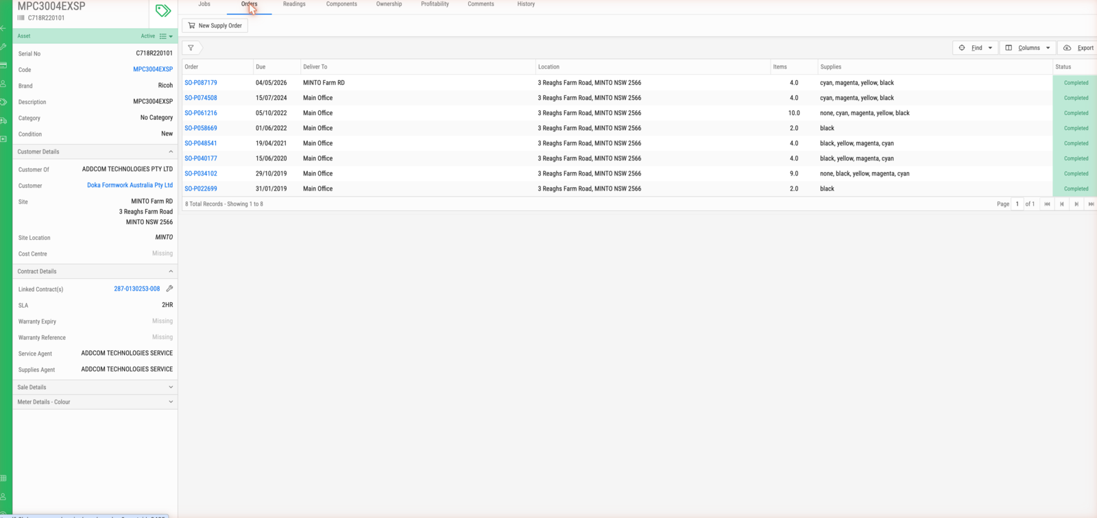 An asset: its details, customer and contract on the left, its supply order history on the Orders tab