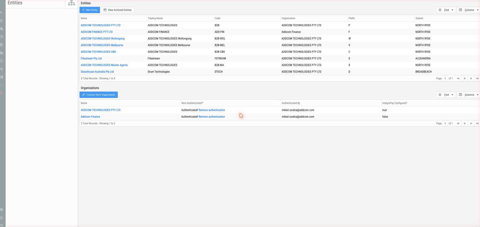 The Organisations list below the entities, showing each organisation's Xero authentication state and who authorised it
