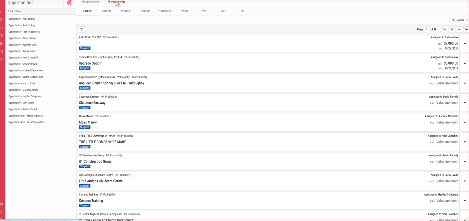 The Opportunities list, tabbed by stage, with each card showing probability, assignee and estimated value