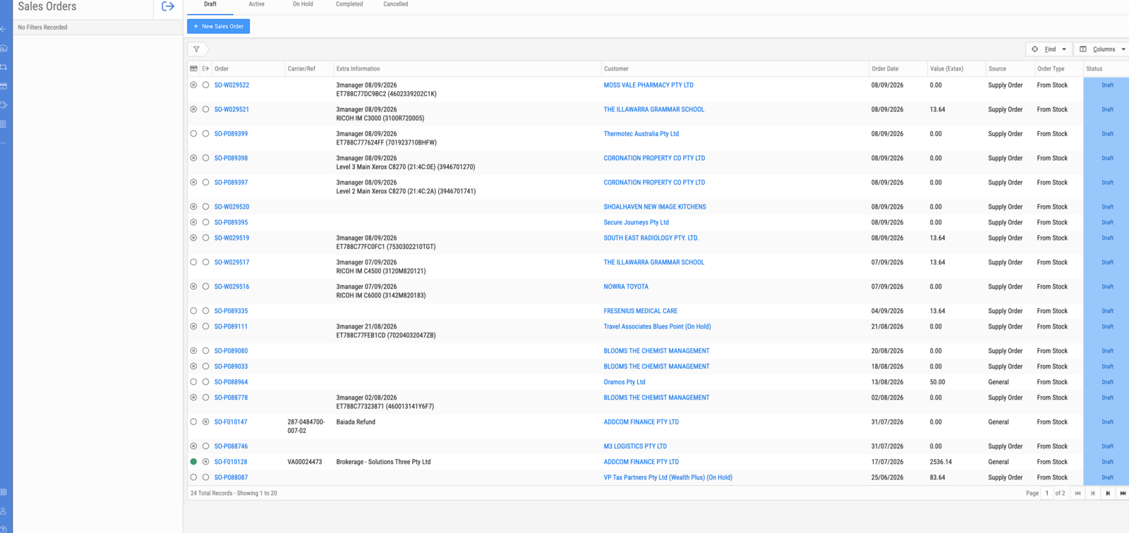 The Sales Orders list, with the Source column separating supply orders from general orders